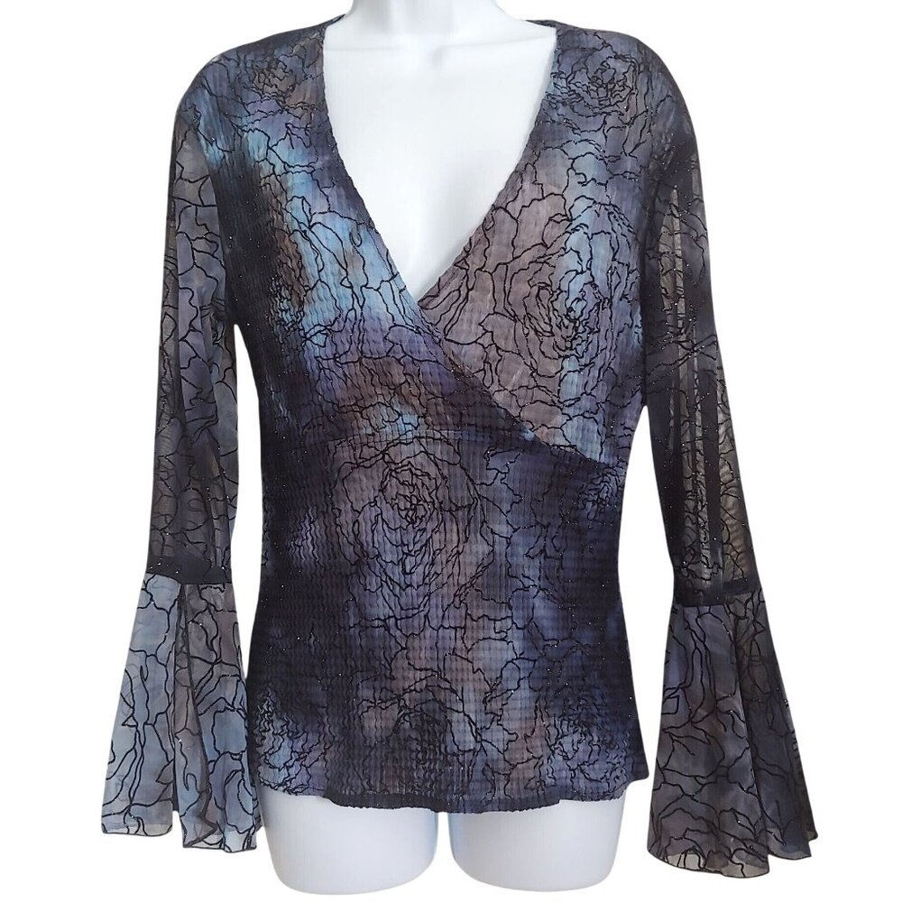Cache Stormy Water Smocked Waffle Metallic Baby Doll Whimsigoth Fairy Y2K  Top L